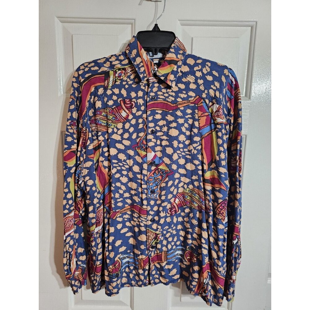Vintage Esprit Abstract Print Button Down Shirt Polynosic Blue Medium Rare Retro - Picture 2 of 7